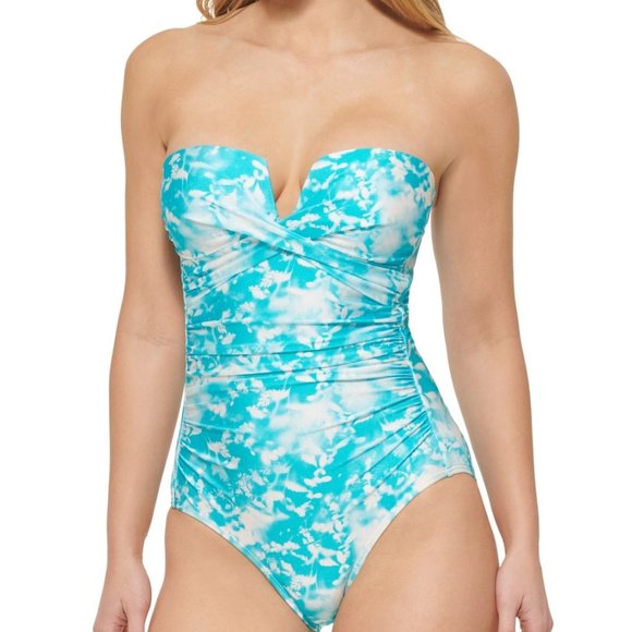 Calvin Klein Printed V-Notch Bandeau One Piece Swimsuit Size 14 - Picture 1 of 12